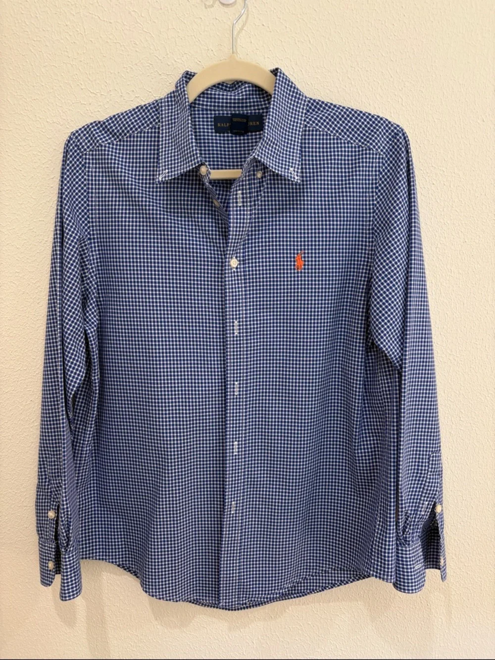 Ralph Lauren Boys Blue & White Gingham Button-Down Shirt with Orange Pony